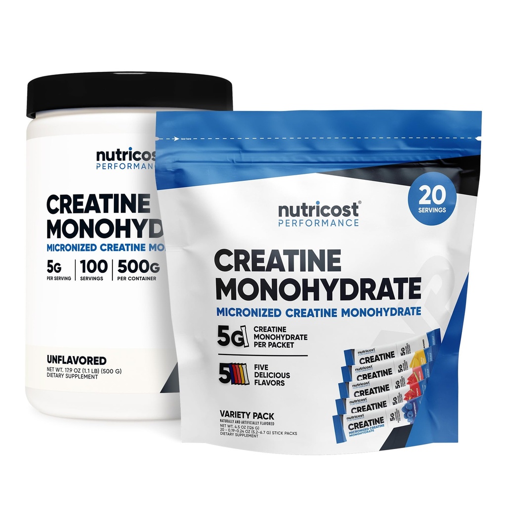 חומרים מזינים Micronized Creatine Monohydrate 500 גרמים ו 20 Stickpacks (Variety) Bundle