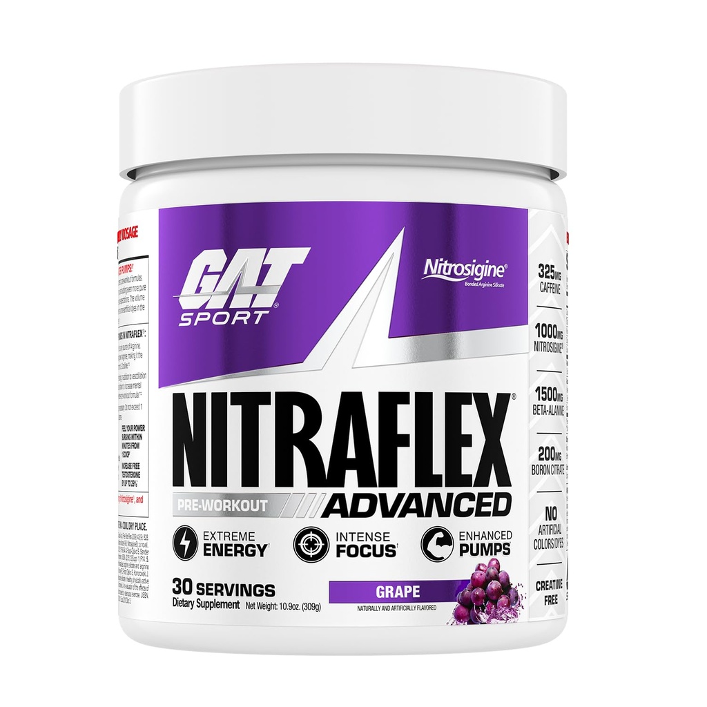GAT SPORT, Nitraflex Advanced Pre-Workout אבקת, מגביר את זרימת הדם, Boosts כוח ואנרגיה, משפר את ביצועי התרגילים (Grape, 30 משרתים)