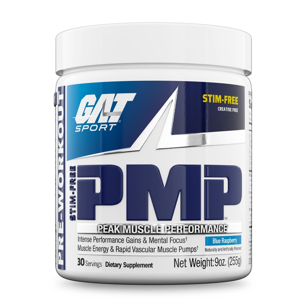 GAT SPORT PMP (Peak שריר ביצועים), Pre-Workout, 30 משרתים (כחול פטל (Stim-Free)