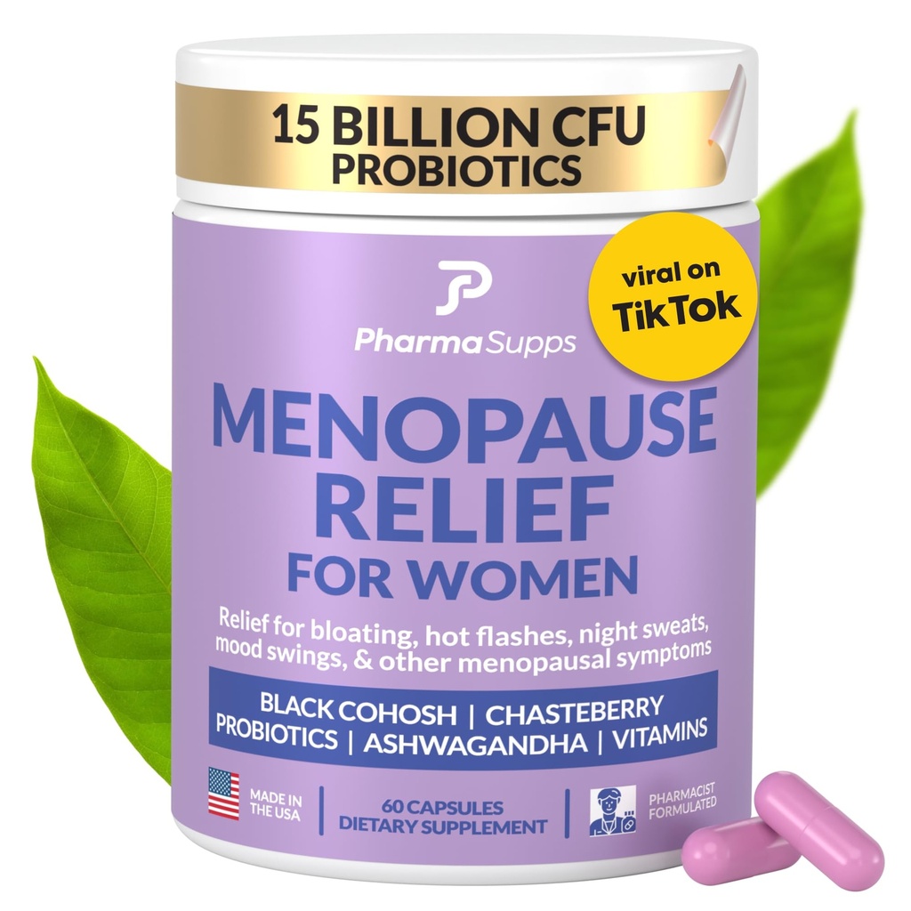תוספי מזון טבעיים עבור נשים - Perimenopause תוספי עבור Hormonal Balance, Bloating & Mood Swings | Hot Flashes Menopause הקלה W/Probiotics & Prebiotics, Black Cohosh & Chasteberryberrys