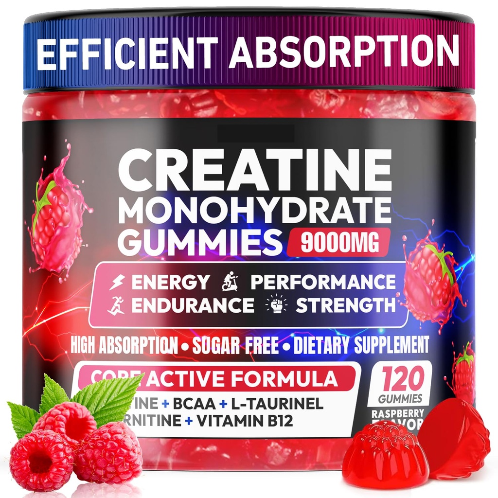 Creatine Gummies Monohydrate Complex 9000MG, Pre-Workout for Men & Women, Creatine Gummy with L-Taurine, BCAA 2:1, B12/6 לתמיכה שרירים, שיפור כוח, אנרגיה Boost-120 ספירה