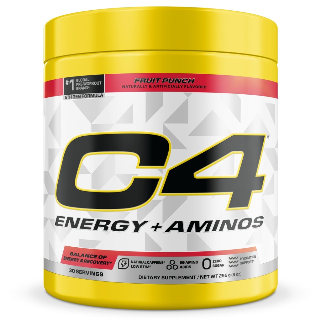 C4 אנרגיה + Aminos אבקת, 5g BCAAs & EAAs עבור שריר התאוששות, 3 אלקטרוליטים עבור הידרציה, 100 מ"ג טבעי Caffeine, Pre Workout, Zero Sugar, 30 משרתים, פירות Punchtes.