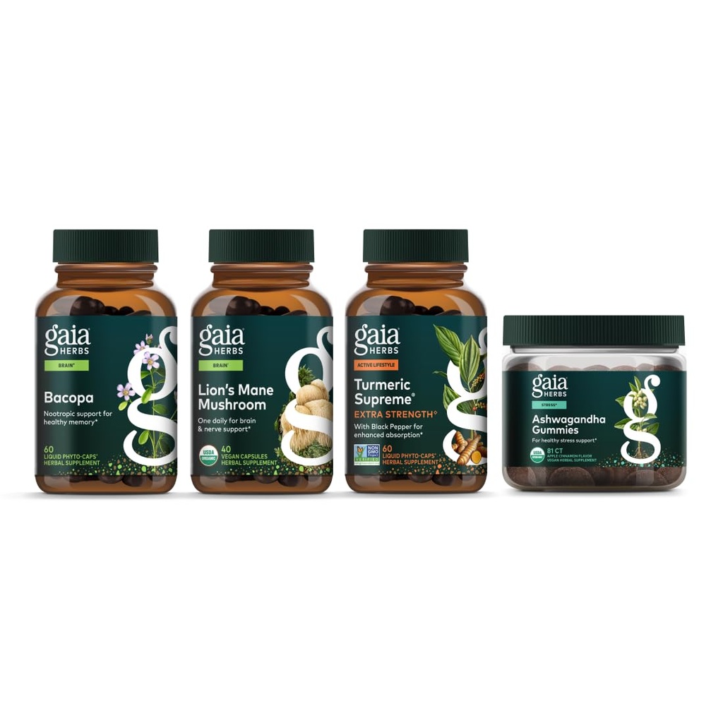 גאיה Herbs Focus Kit - Bacopa, Lion's Mane Mushroom, Ashwagandha Gummies, Turmeric העליון כוח אקסטרה נוסף