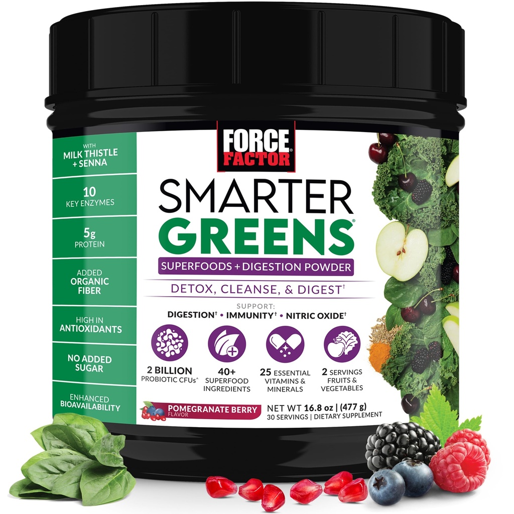 כוח גורם חכם ירוק יותר אבקת Superfoods לתמוך Digest, Gut Health, Bloating, Greens אבקה עם Probiotics, Prebiotics, Enzymes, & Fitogens, Pomegranate Berry, 30 משרתים