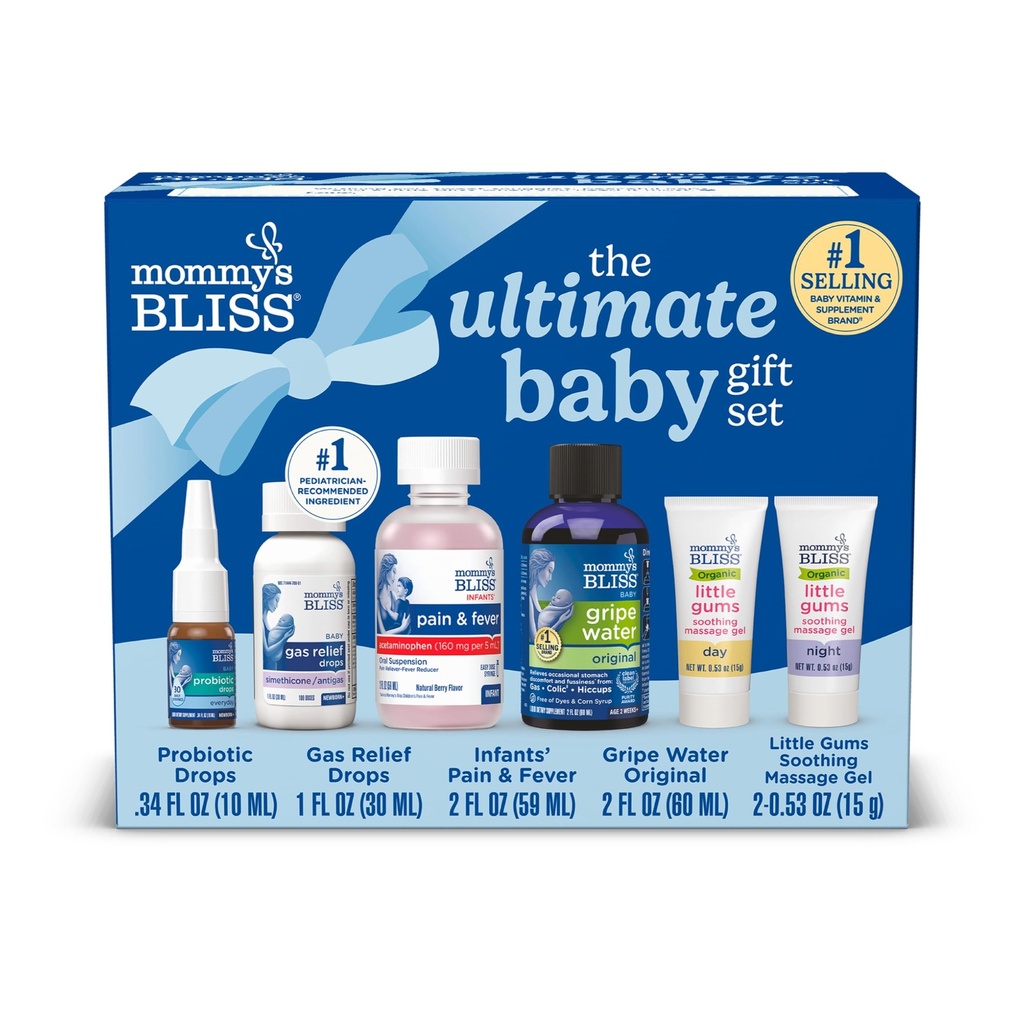 Mommy’s Bliss Ultimate Baby Gift Set | Gripe Water, Probiotic Drops, Pain & Fever Medicine, Gas Relief Drops, and Gum Massage Gel