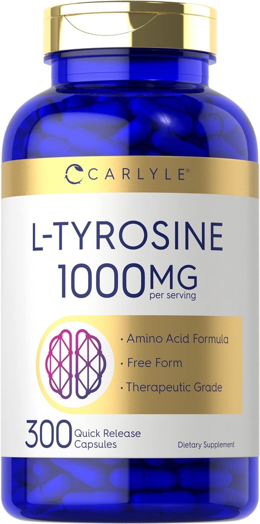 קרלייל L Tyrosine קפסולות 1000 מ"ג | 300 Count | Quality Class | לגברים ונשים | Non-GMO & Gluten Free Supplement