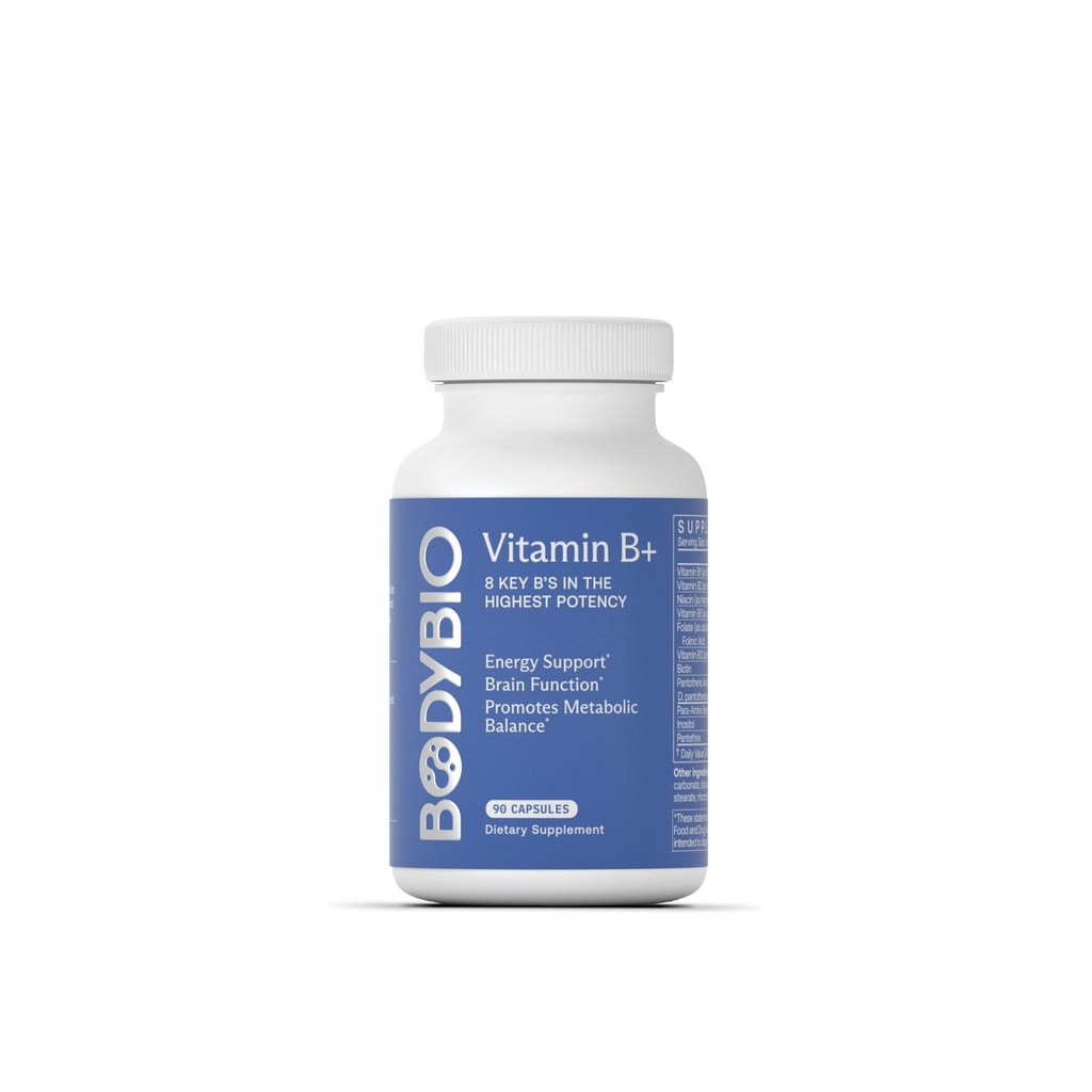 BodyBio - ויטמין B Complex כולל B1, B2, B3, B5, B5, B6, Methyl B12, Folinic Acid, 5-MTHF ו- B7 כדי לתמוך באזהרות, Metabolism & Immune System, 90 קפסולות