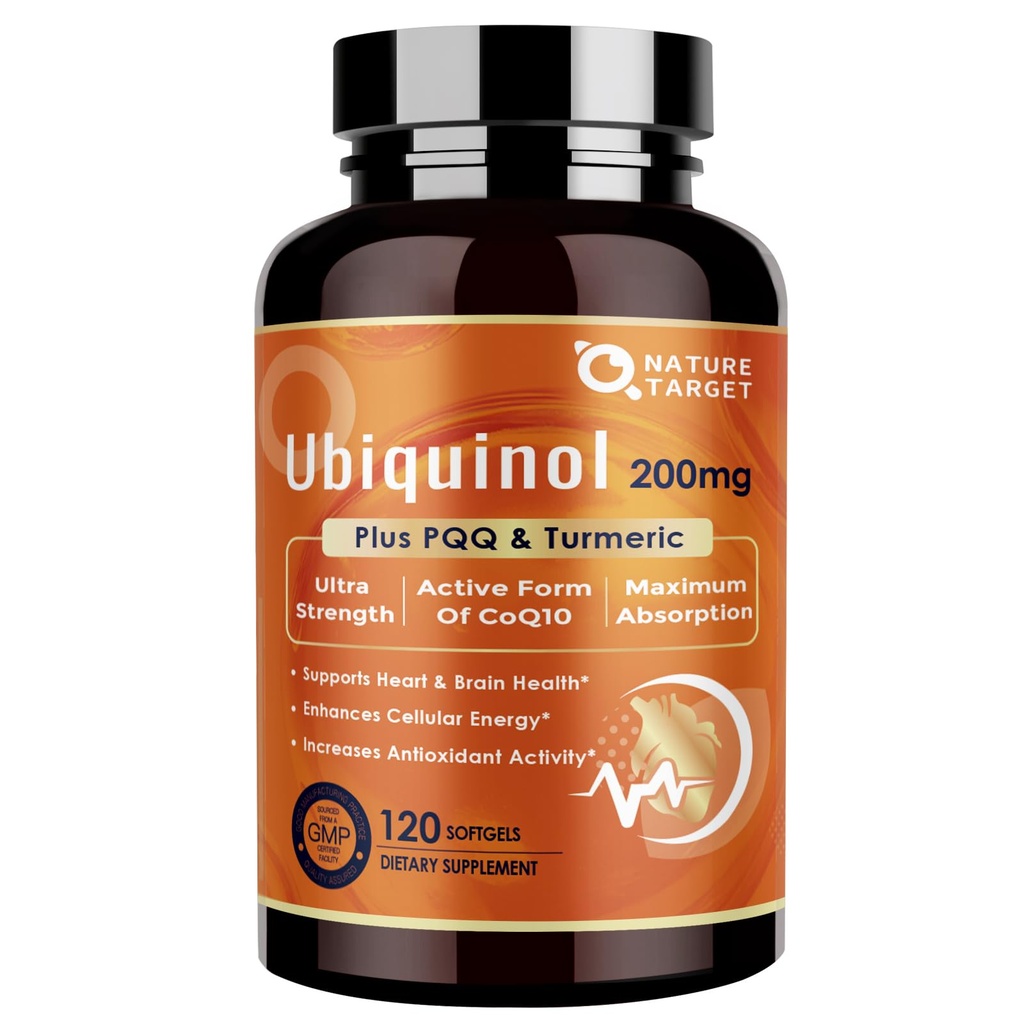 NATURE TARGET Ubiquinol CoQ10 200 מ"ג רכות עם PQQQ & Turmeric, High Absorption Coenzyme Q10 תוספת עם ALA & Black Pepper, Antioxidant לבריאות הלב והמוח, ייצור אנרגיה, 120 ספירה