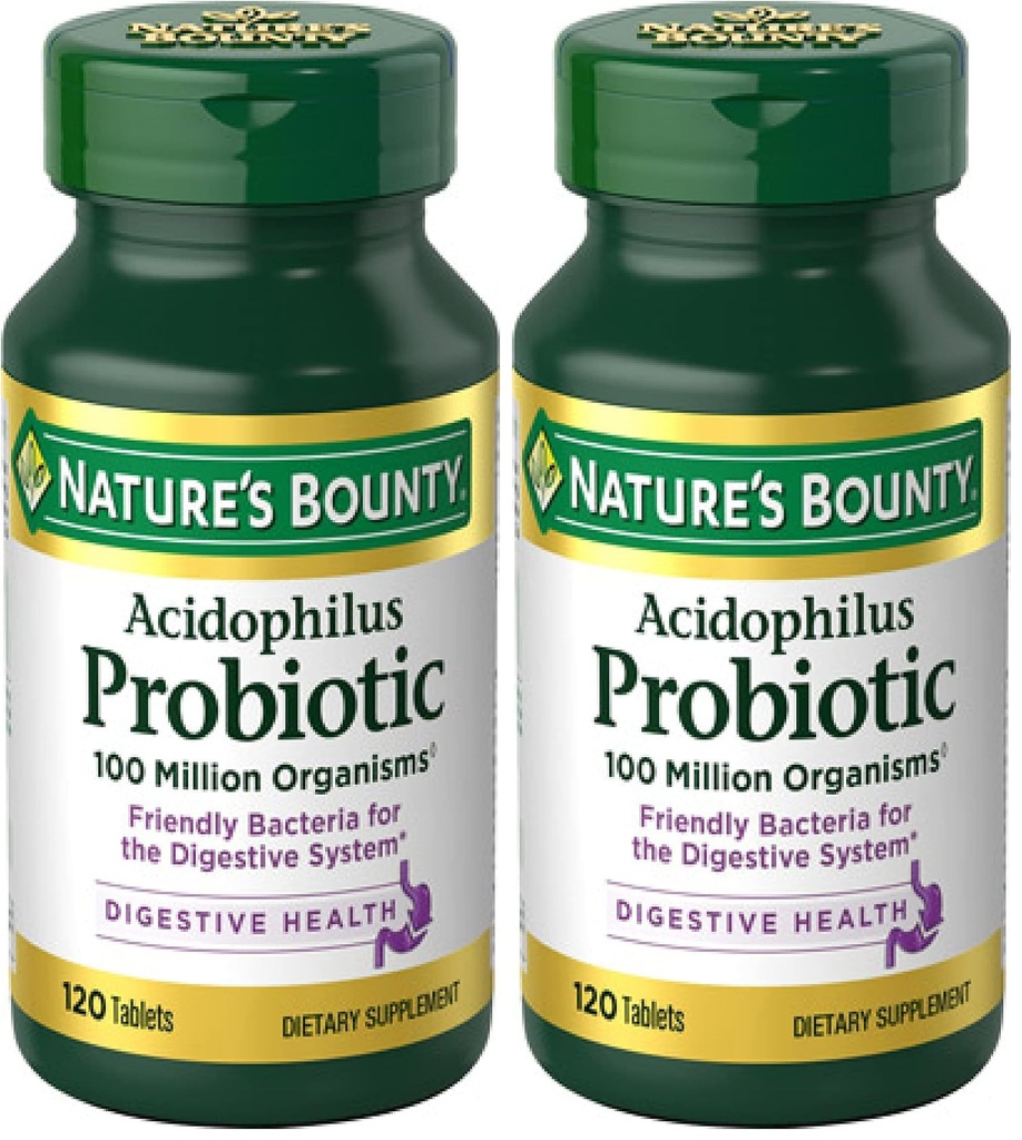 Nature's Bounty Lactobacillus Acidophilus Probiotic Supplement - Daily Probiotic for Women/Men Digestive Health, 100 מיליון אורגניזמים, Vegetarian,1 משרתים ליום,120 טבליות,(Pack of 2)