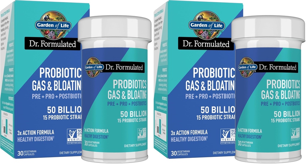 גן החיים ד"ר פורמולה Pre, Post & Probiotics Gas & Bloating Once Daily 3in-1 Prebiotics, Postbiotics & Probiotics - 50 מיליארד CFU, Non-GMO, Gluten-Free, 30 יום אספקה (Pack of 2)