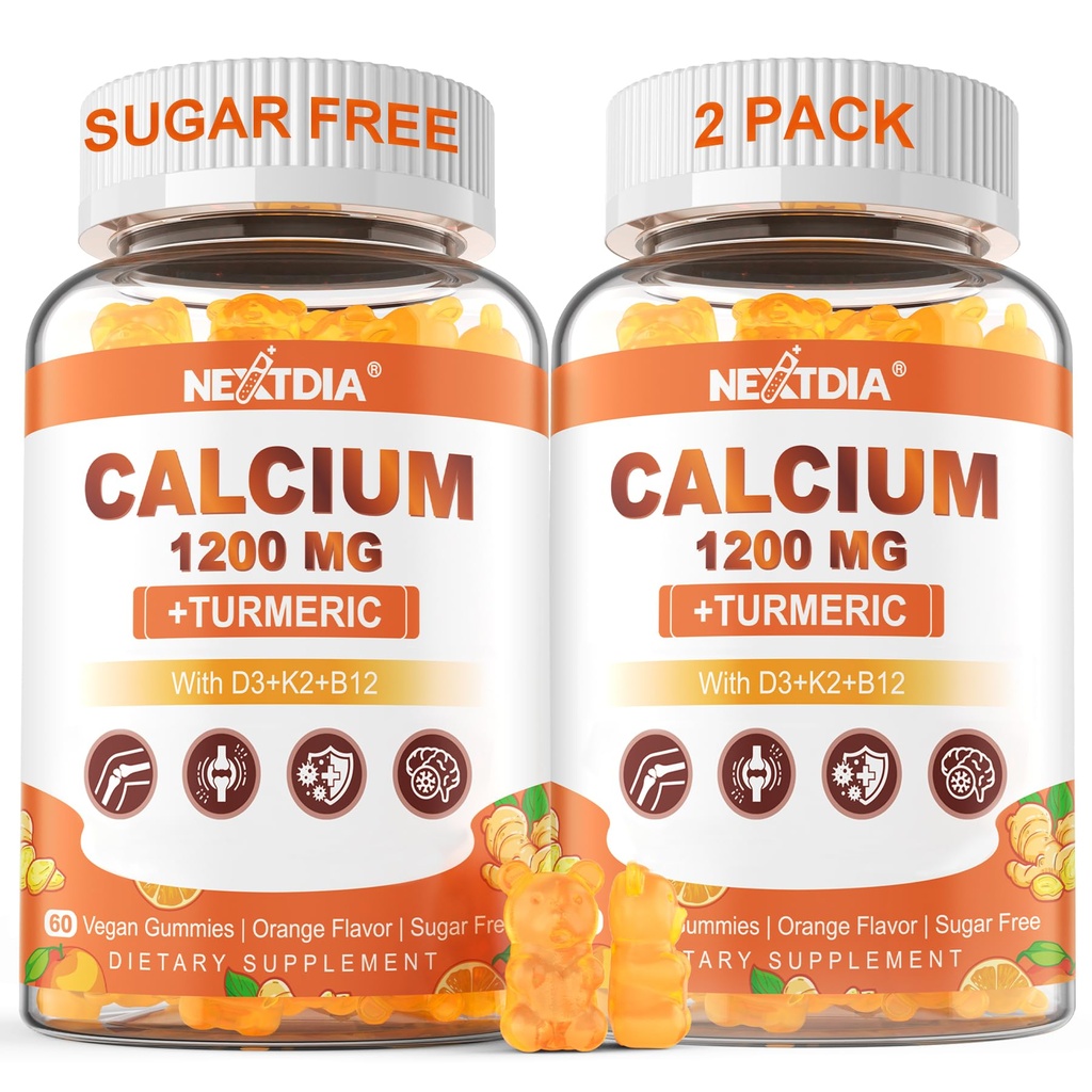 Calcium 1200 מ"ג עם ויטמין D3 Gummies - Calcium + תוסף Turmeric לנשים וגברים עם ויטמין K2 B12 - תמיכה העצם & שריר - סוכר חינם - טבעוני (120 הרוזן)