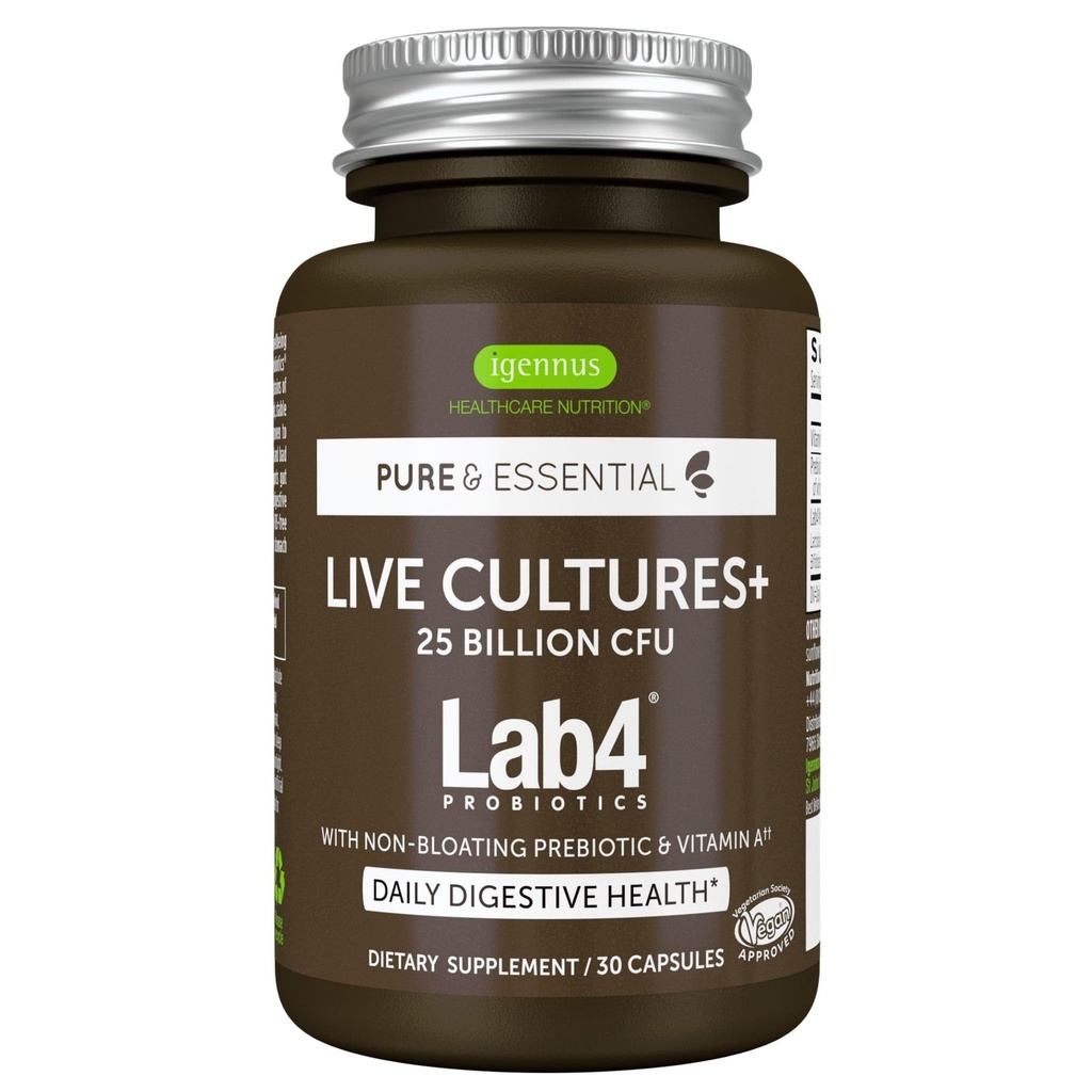 Igennus Probiotics & Prebiotic 2 ב 1, Lactobacillus Acidophilus & Bifido חיידק, Gut Health Support, Live Cultures+ Lab4, הבטיח 25 מיליארד CFU, נשים וגברים, שאינם חיידקים, non-GMO, 30 קפסולות