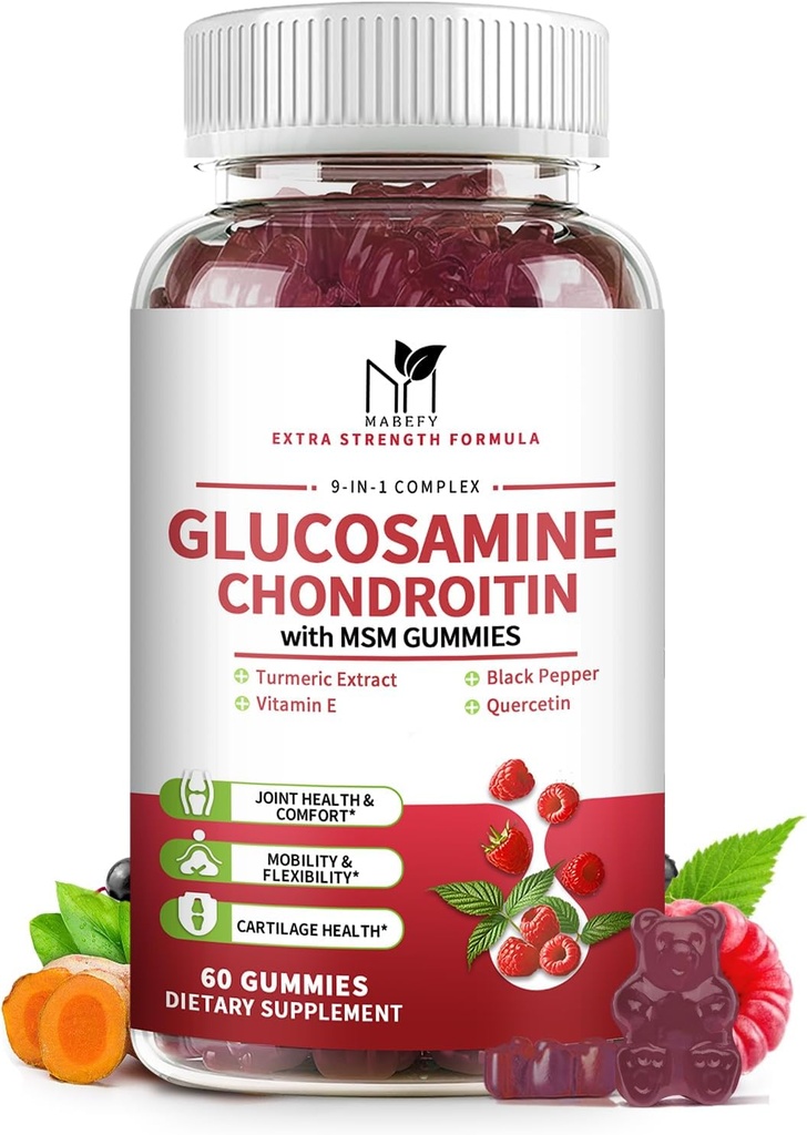 Glucosamine Chondroitin Gummies משולש כוח (1,000mg Glucosamine,750 מ"ג Chondroitin) עם MSM, Turmeric, Quercetin, ויטמין E, תוסף תמיכה משותפת, Antioxidant 60 מסטיק פטל פלמורטין