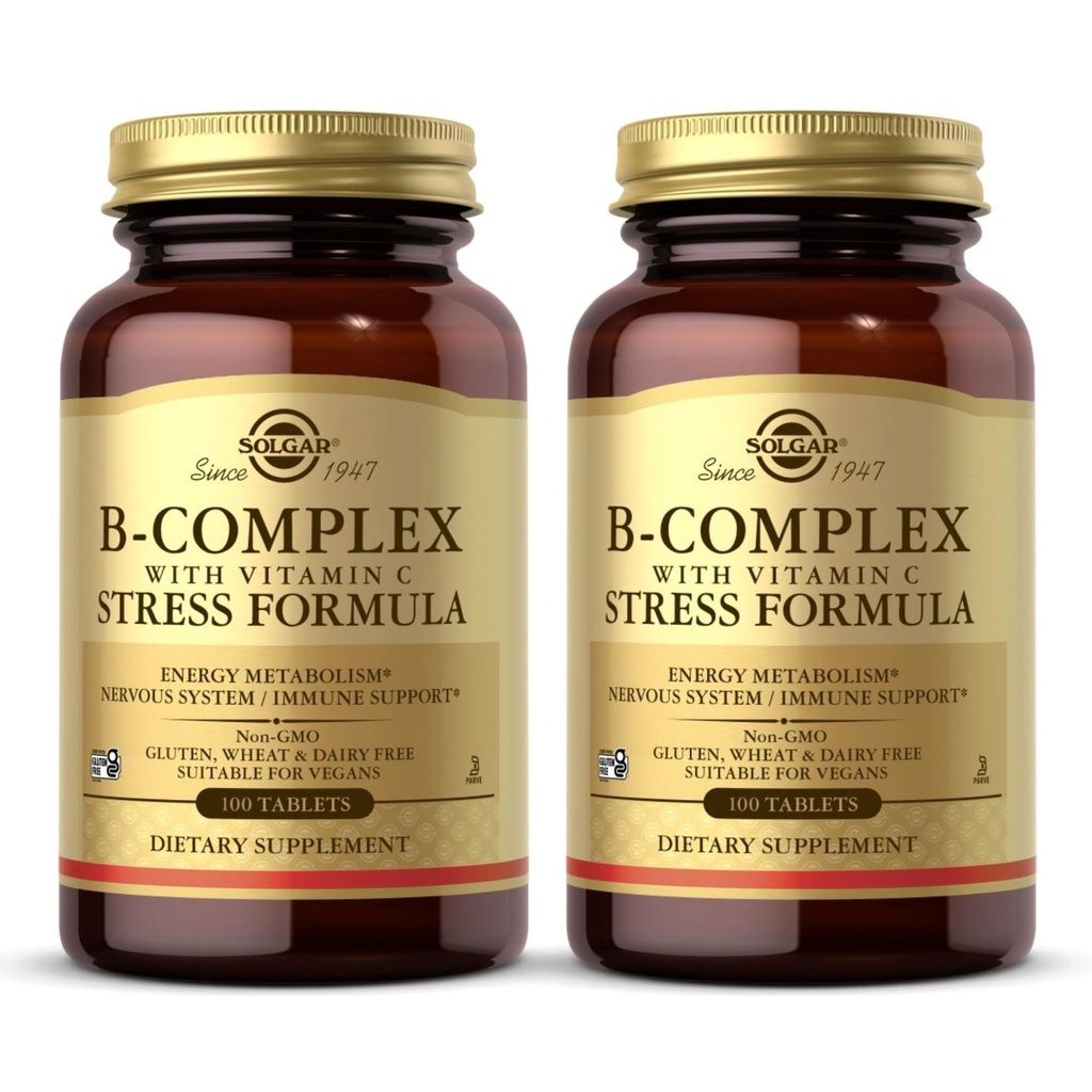 Solgar B-Complex with Vitamin C Stress Formula - 100 Tablets, Pack of 2 - Non-GMO, Vegan, Kosher, Halal & Gluten Free - 100 Total Servings