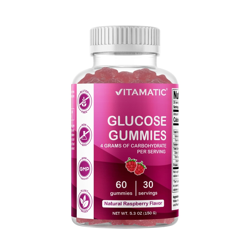 חניכיים Vitamatic Glucose לעסות חניכיים - 60 Count - Natural Raspberry Flavor - 4G של Carbohydrate לשרת (1 בקבוקי)