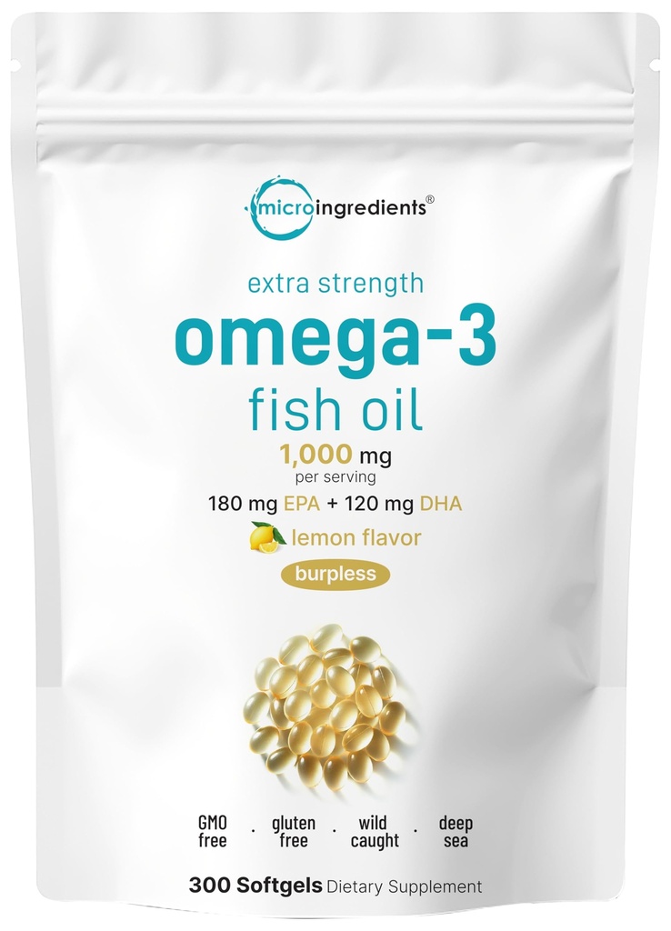 Micro Ingredients תוספת כוח אומגה 3 שמן דגים תוספי 1000 מ"ג Per המשרת, 300 Softgels | Lemon Flavored | Borpless | EPA 180 מ"ג + DHA 120 מ"ג | Deep Sea Fish Fish