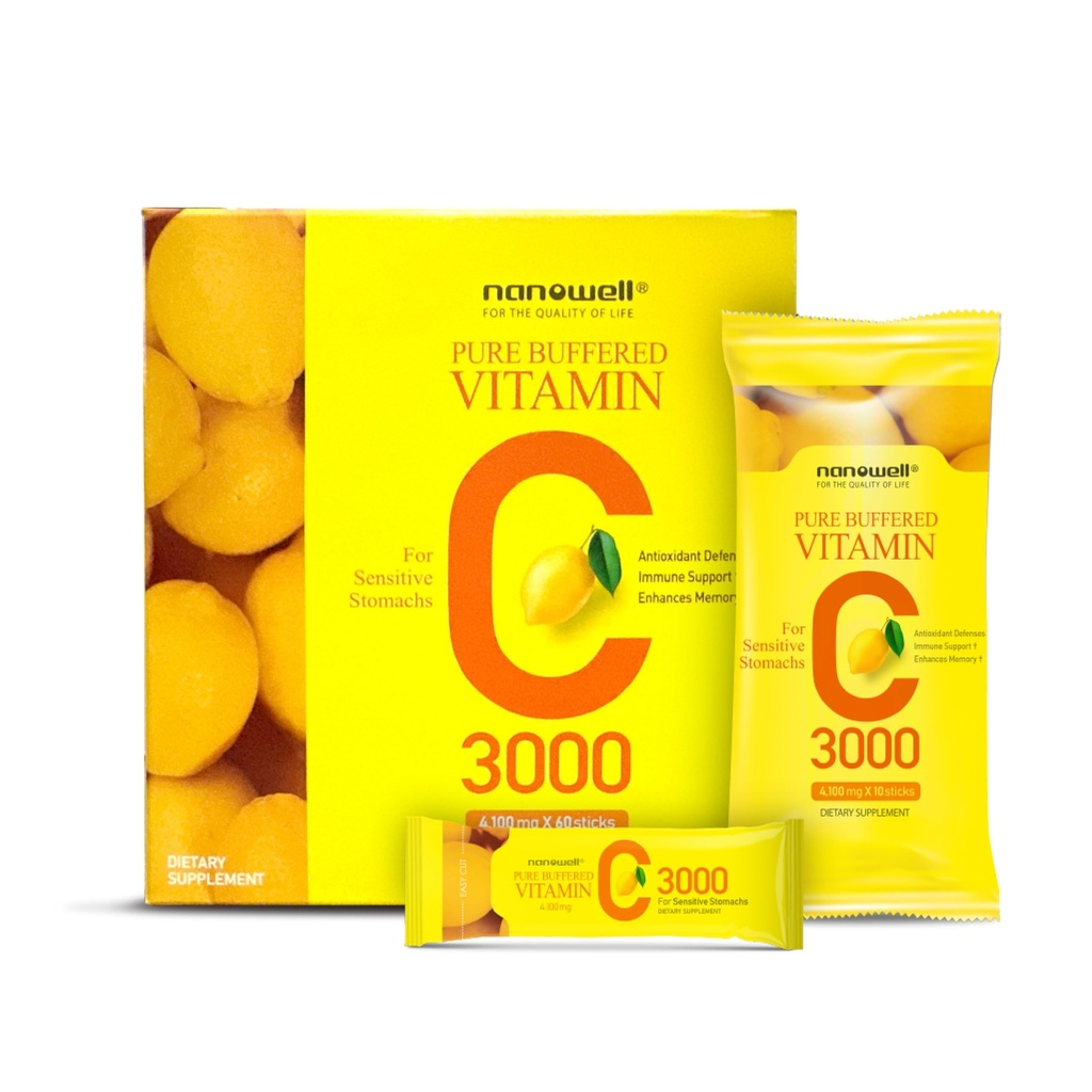 NANOwell Pure Buffered ויטמין C 3000 מ"ג לשרת, תוספת תזונתית לתמיכה Immune - 60 Sticks x 1 Box, 2 חודשים אספקה (60 ספירה)