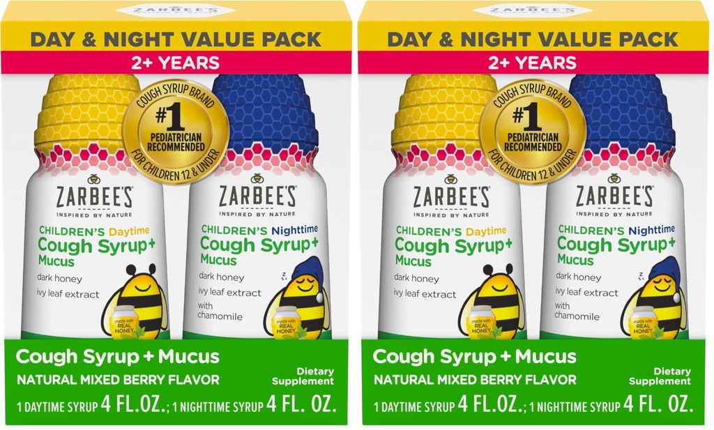 הדבש של זרבי Cough Syrup + Mucus Day & Night Value Pack,Daytime & Night Luckler Cough Syrup,Dark Honey, Ivy Leaf Extractor, Mixed Bre Flavor,4 Fl Oz,(Pack of 4)