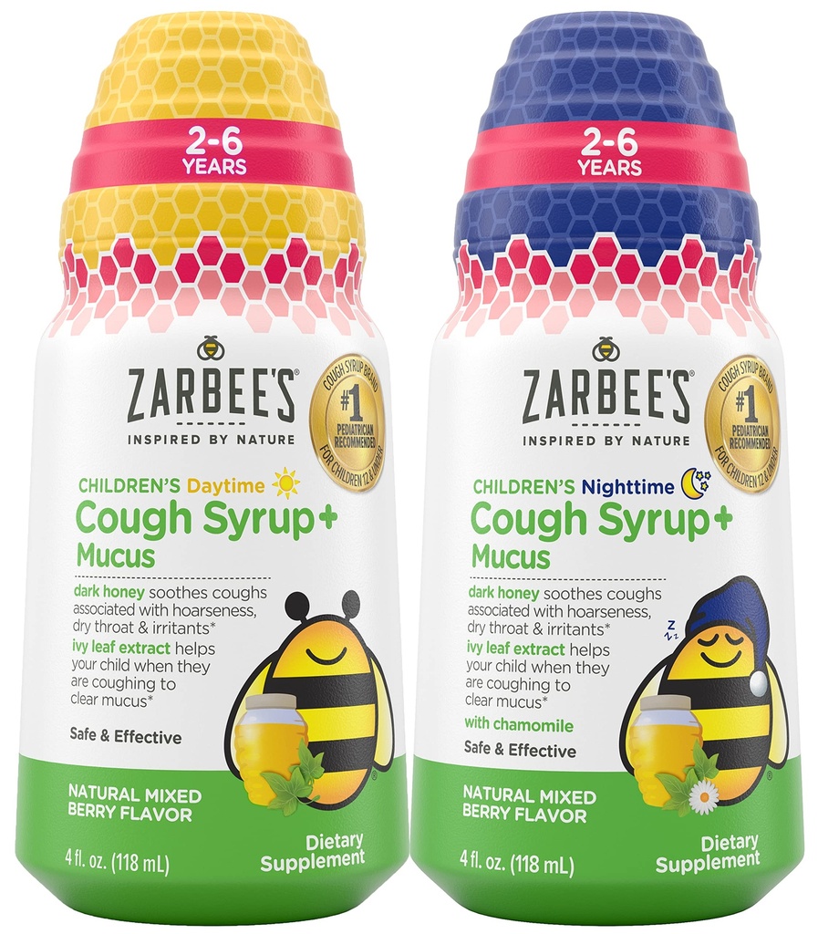 Bundle של הילדים של זרבי Cough + Mucus Daytime ו- Nighttime לילדים 2-6 עם דבש כהה, Ivy Leaf, Zinc & Elderberry, 1 Pediatrician מומלץ, סמים ואלכוהול חינם, מעורב ברי פלאמור, 4FL Oz Oz
