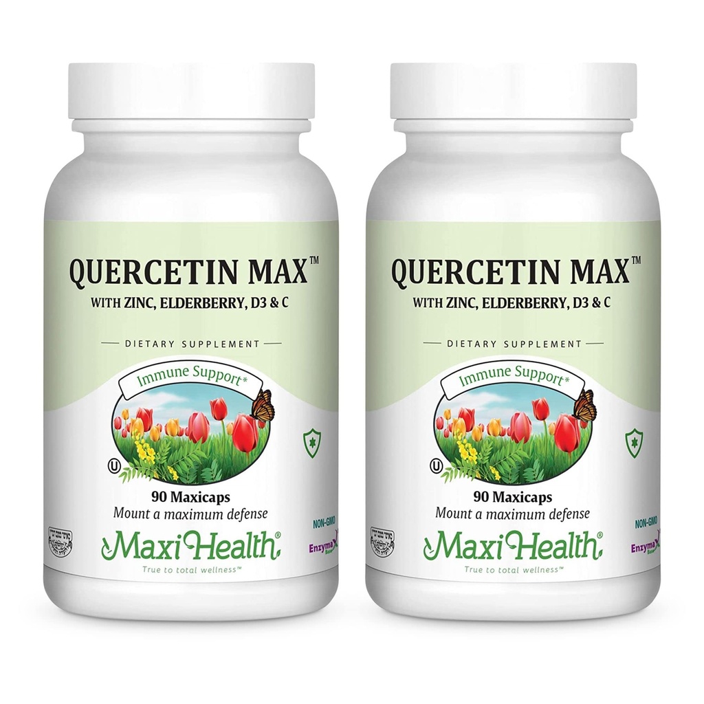 Maxi Health Quercetin 500 מ"ג קפסולות - תוספי Zinc עבור נשים וגברים - non-GMO, כשר ותוספים ללא גלוטן עם זברי ויטמין C ו- Zinc (90 כמוסות Veg, Pack of 2)