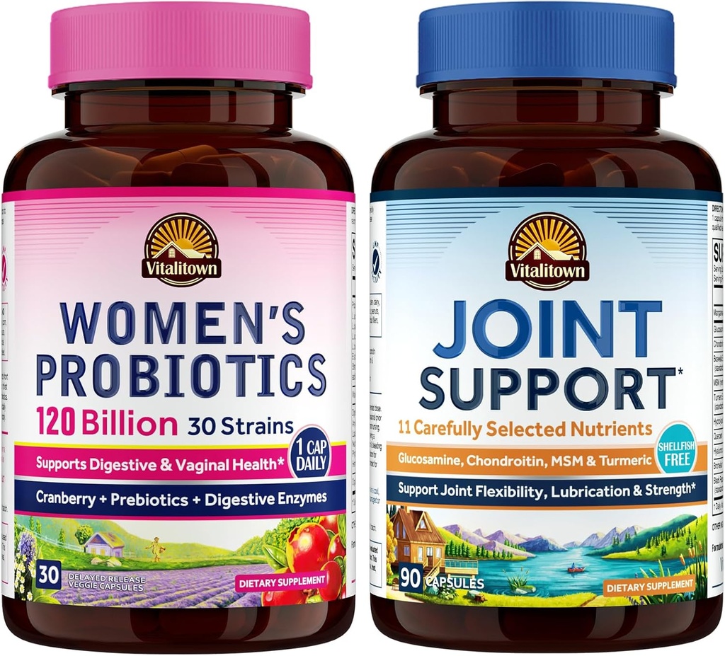 התמיכה המשותפת של Vitalitown Women's Probiotic & Joint Support Bundle (Pack of 2) | Women's Probiotics 120 מיליארד (Item 1) & Joint Support (Item 2) | Shelf Stable | Joint & Women's Health