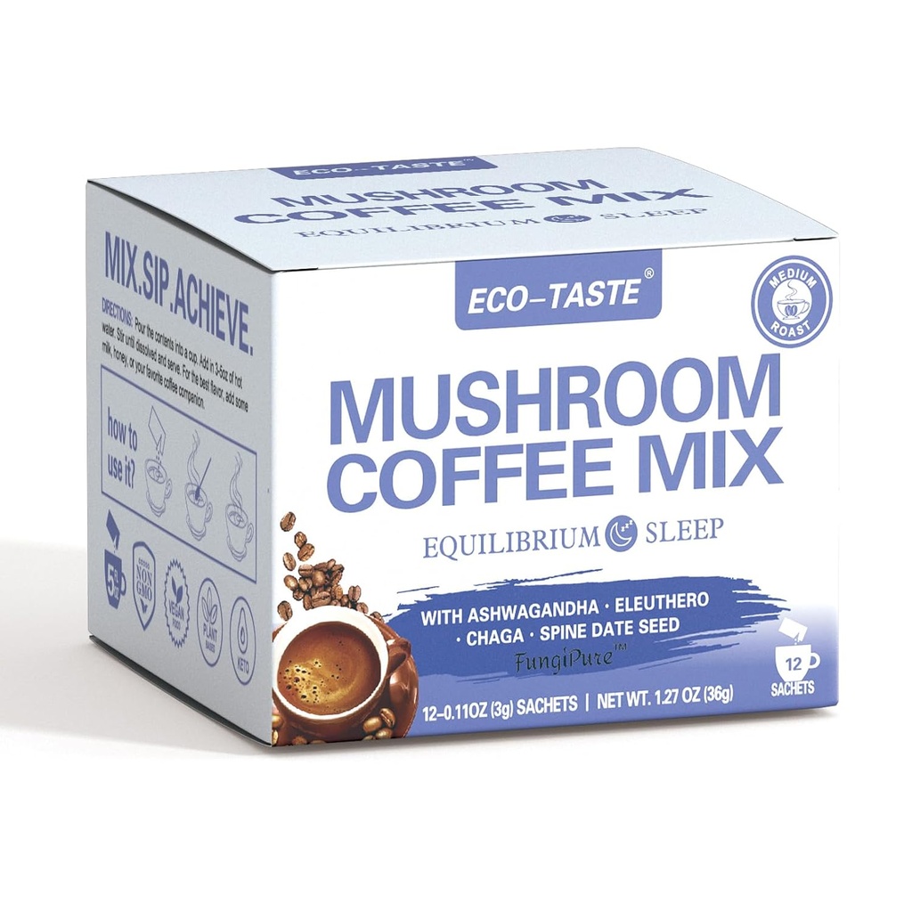 ECO-TASTE Mushroom קפה Mix, מיועד לאזן עם Ashwagandha, Eleuthero, Chaga, Spine תאריך זרע - 12 Sachets