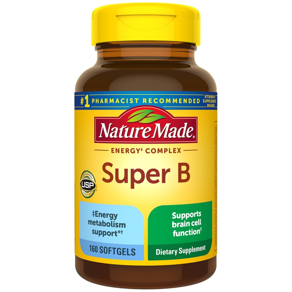 Nature Made Super B Complex ויטמינים לנשים וגברים, תוספת תזונתית לתמיכה במטבוליזם אנרגיה, Super ויטמין B Complex, 160 Softgels, 160 יום אספקה