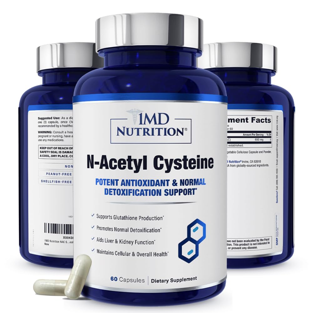 1MD תזונה NAC תוספת N-Acetyl Cysteine - NAC 600 מ"ג - תמיכה אנטי חמצון Detox ו Glutathione הפקה - N Acetylcysteine Respiratory תוסף עבור בריאות הריאות - 60 קפסולות