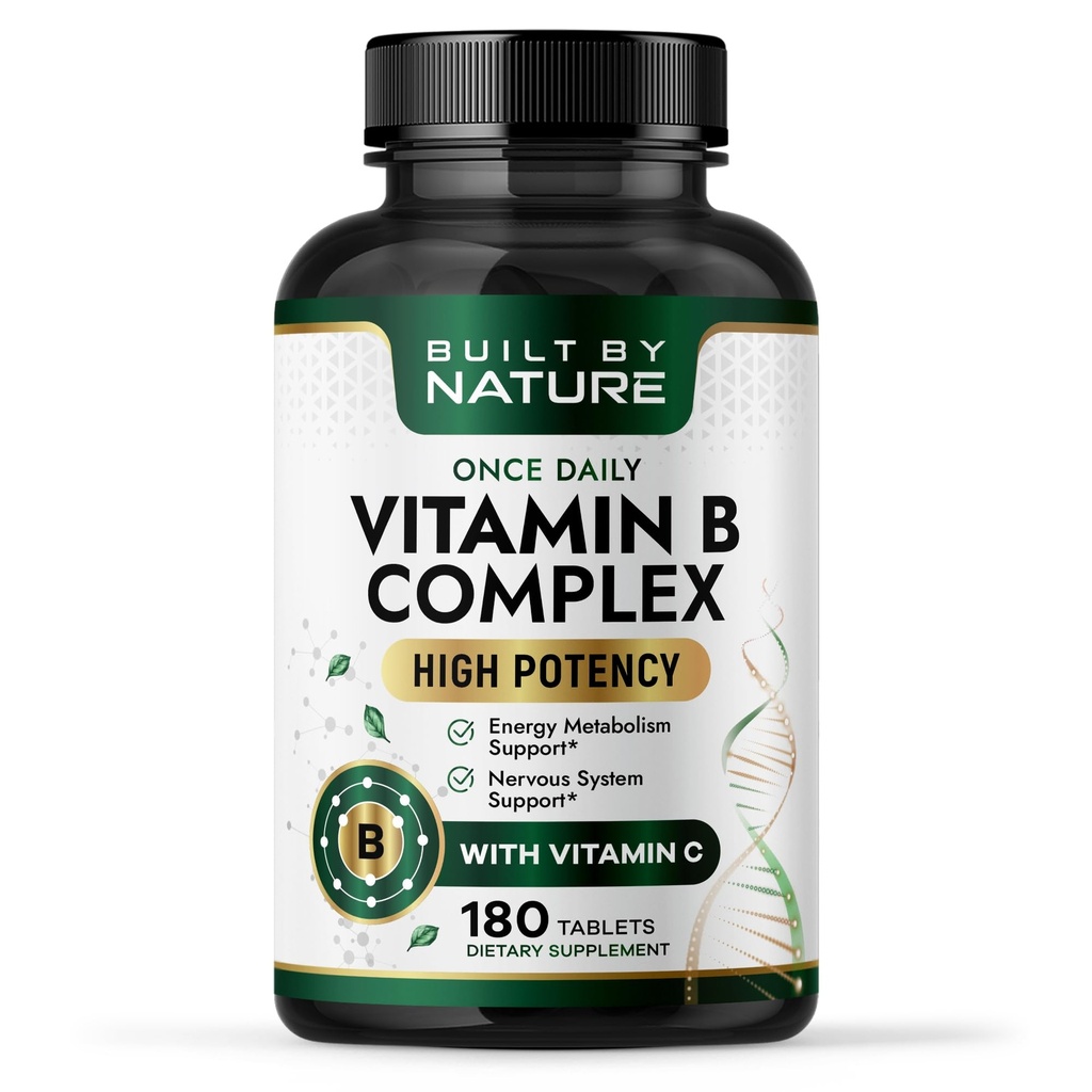 נבנה על ידי Nature ויטמין B Complex - Super B Complex ויטמינים עבור נשים וגברים - אנרגיה, מתח ותמיכה - ויטמין B גבוה מורכב עם B12 - 180 טבליות
