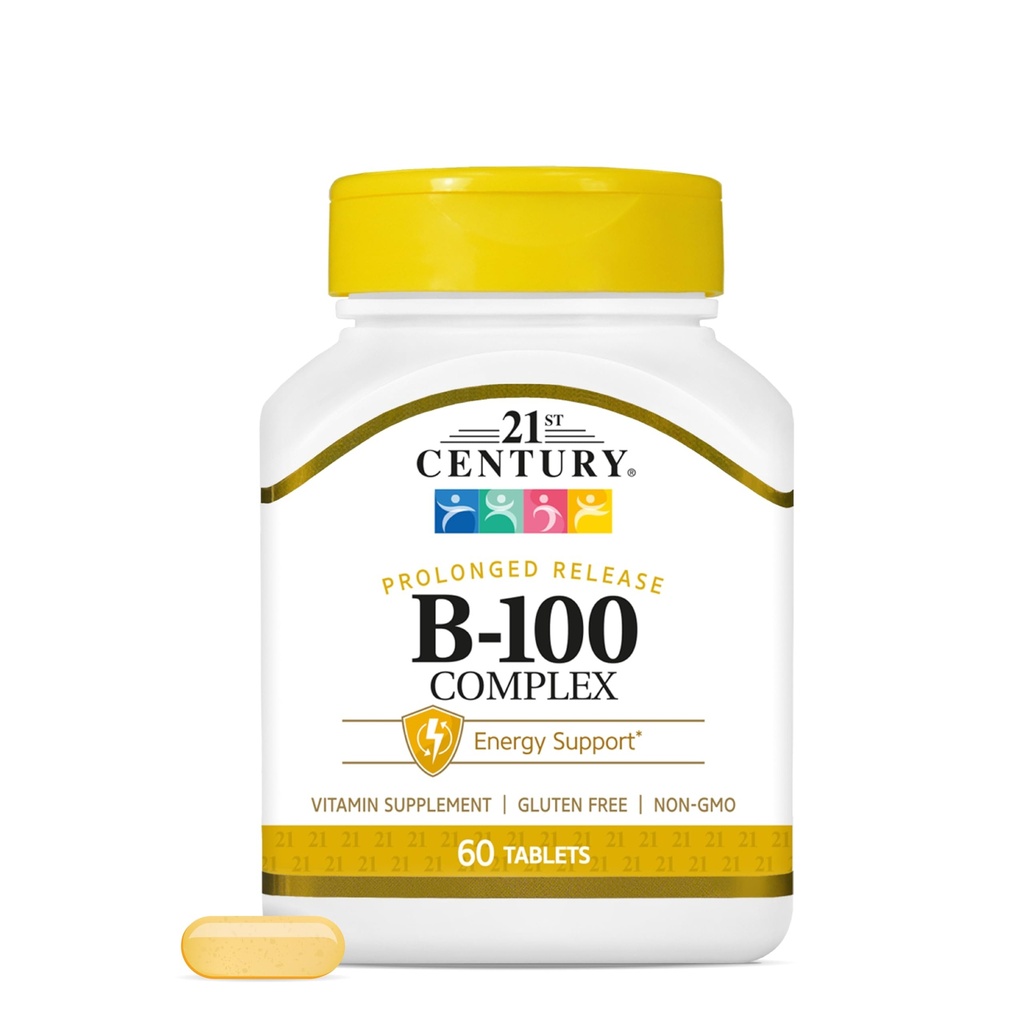 21st Century B-100 Complex Prolonged Release Tablets, 60 Count (Pack of 1), ויטמין B מורכב עבור מערכת העצבים, תמיכה באנרגיה, כולל ויטמין B1, B2, B6, Biotin & Calcium