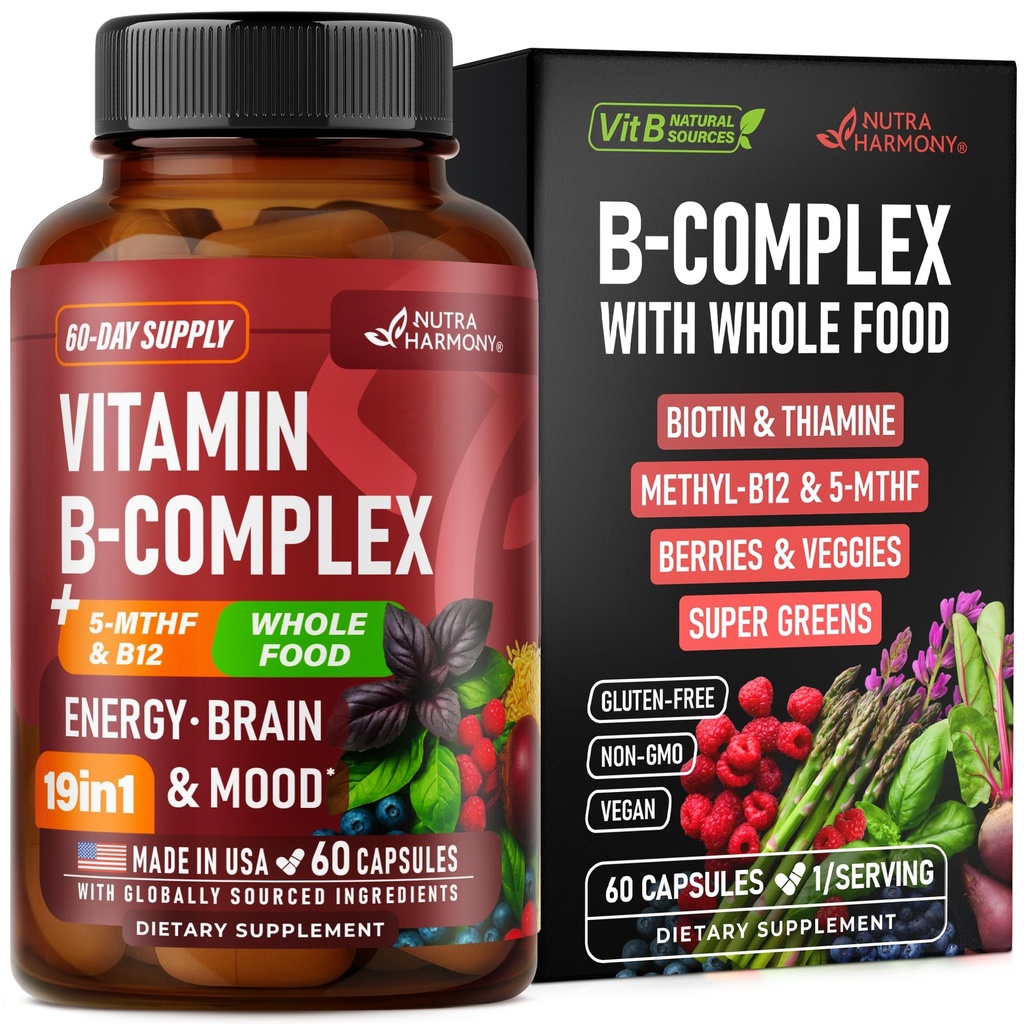 ויטמין B Complex - B1 | B3 | B5 | B5 | B6 | Biotin | B12 | 5MTHF - Astragalus & Whole Food - Energy, Metabolism & Brain - ויטמינים B for Women & Men - Made in USA - 60 קפסולות, 60 ימים אספקת מזון - אנרגיה, Metabolism & Brain - ויטמינים B for Women & Men - Made in USA - 60 קפסולות, 60 Days Supplys, 60 Days Supplys