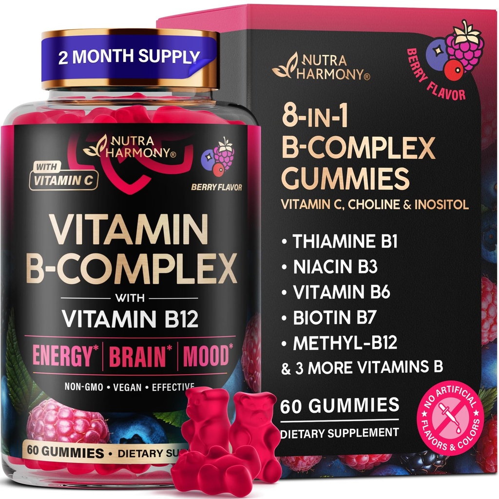 ויטמין B-Complex Gummies for Women & Men - ויטמין B12, B1, B2, B3, B5, B6, B7 & B9 - B Complex with ויטמין C & Choline - אנרגיה, Brain & Mood - Natural Bre Flavor, טבעוני - 60mies עבור 2 חודשים