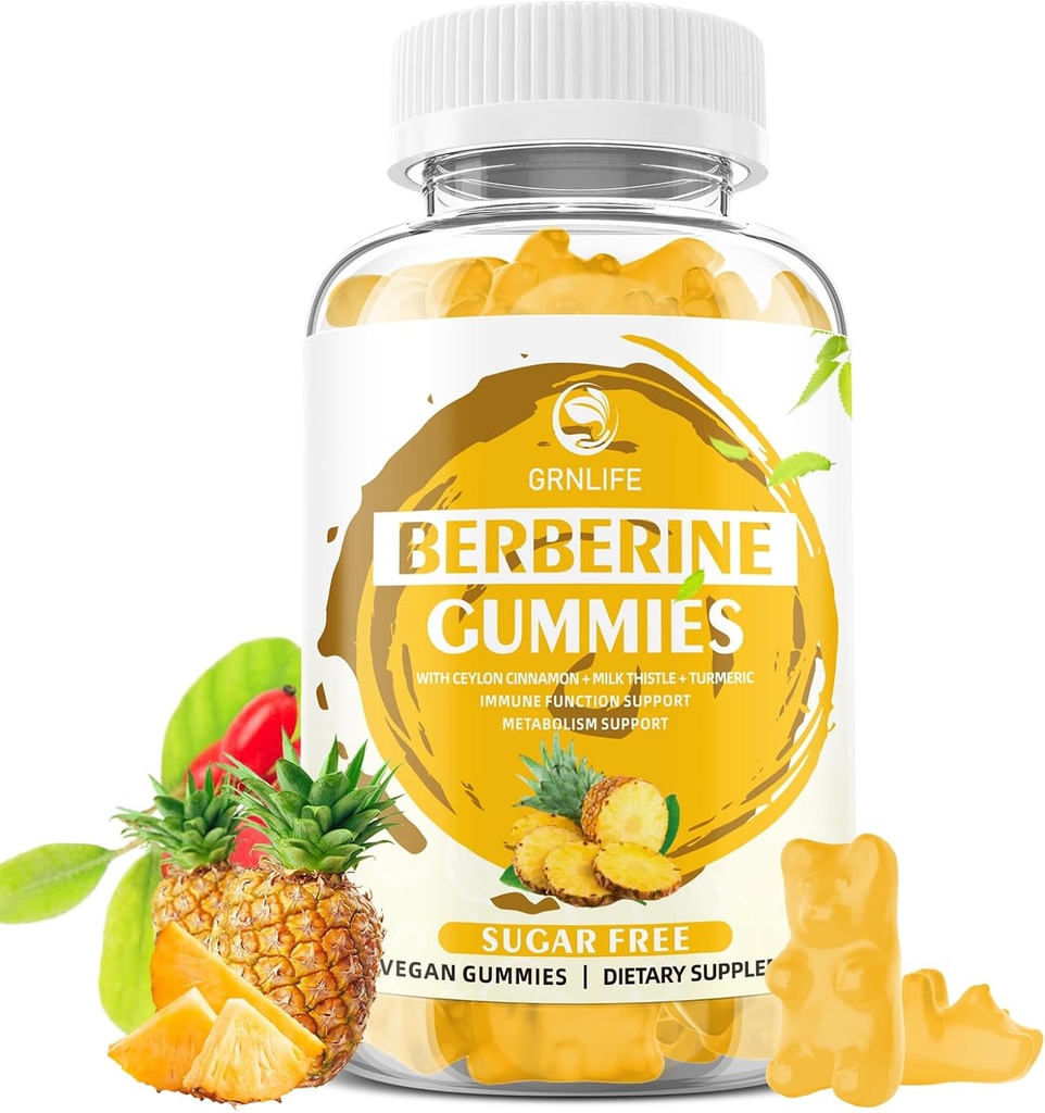 Bberine Gummies עם Ceylon Cinnamon 1500 מ"ג High Potency Berberine HCL תוספת עבור Immune ו Metabolism תמיכה, סוכר חינם, Pineapple Flavor - 60 Count Count Count