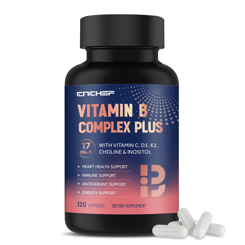 17-in-1 ויטמין B Complex Plus - ויטמין B1, B2, B3, B4, B5, B6, B7 (Biotin), B8 (Inositol), B9, B12, B12, C, D3, K2, Energy, Immune, Skin, Nerve Support for Men & Women - 120 קפסולות