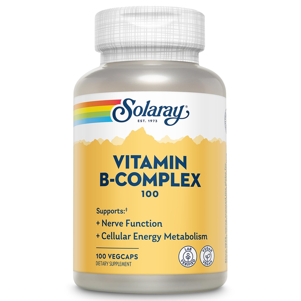 SOLAרי ויטמין B Complex 100 מ"ג - אנרגיה סלולרית, עצבנות ובריאות הלב - תכונות את כל 8 B Complex ויטמינים - ויטמין B12, B1, B2, B3, B6, Niacin, Folic Acid ו- Biotin - טבעוני, 100 משרתים