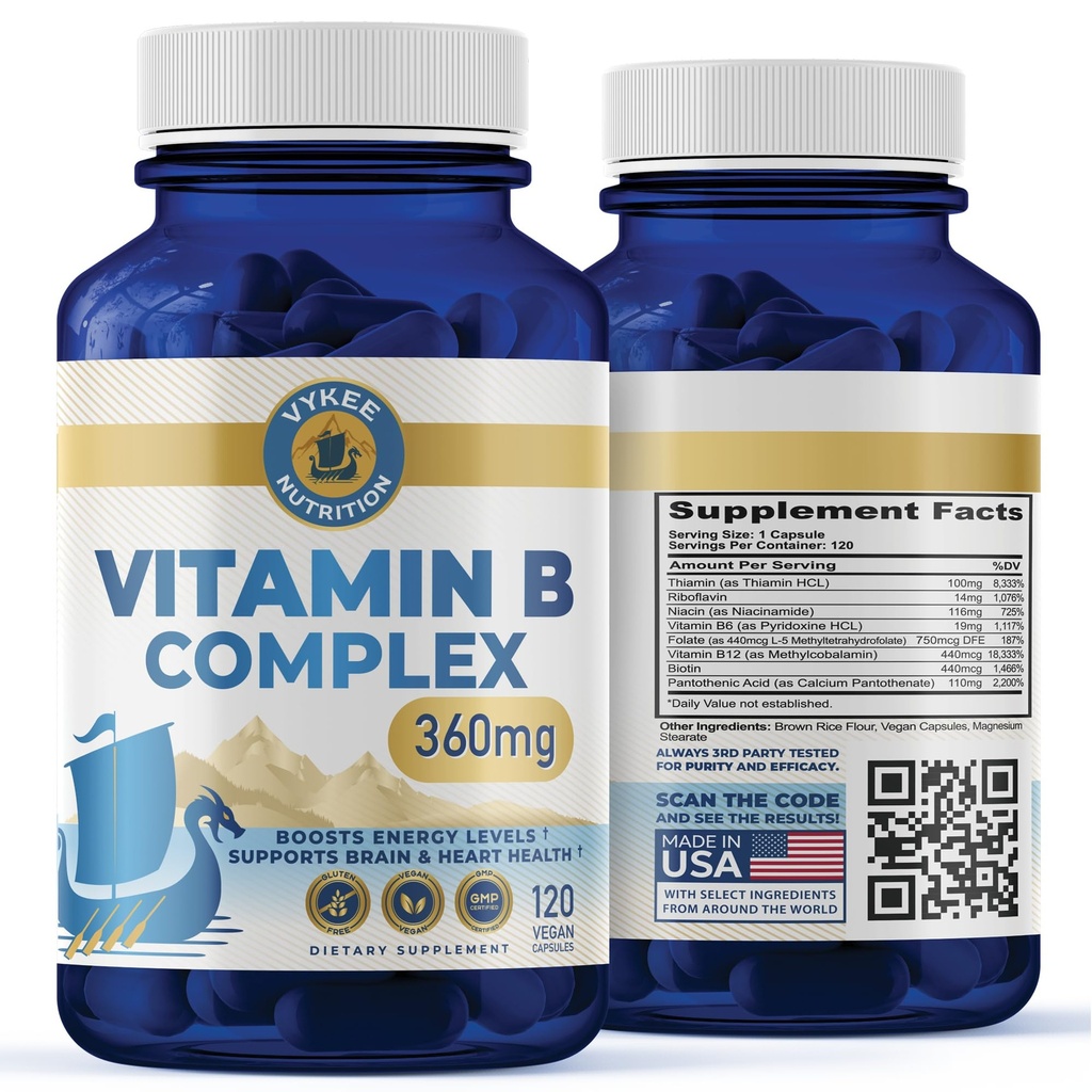 Vykee Nutrition B Complex תוסף - High-Potency B ויטמינים עם 750 מ"ג DFE Folate, 440mcg B12 / Biotin | תמיכה טבעונית Non-GMO | תמיכה בייצור אנרגיה סלולרית & Red Blood Formation