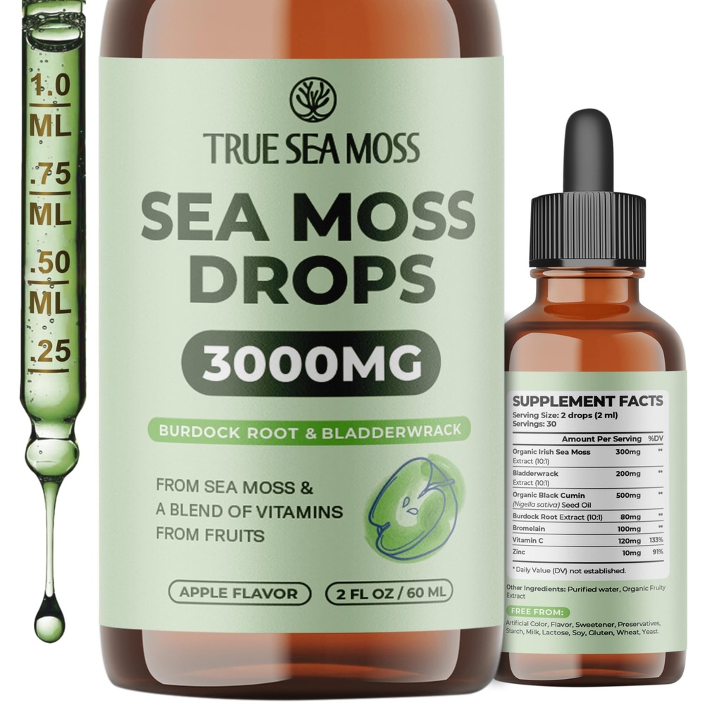 TrueSeaMos 3000 מ"ג אירי הים Mos טיפות עם Burdock Root & Bladderwrack עבור מערכת העיכול & שריר התאוששות תמיכה - 2 Fl Oz Apple NW1
