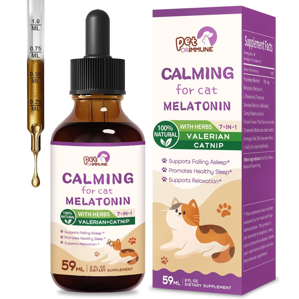Cat Melatonin Natural Calming טיפות, תמיכה להירדם ושינה בריאה, Herbal Extractation תוספת עם L-theanine, ולריאן, Catnip, פרח תשוקה וצ'מומיל. 2 oz