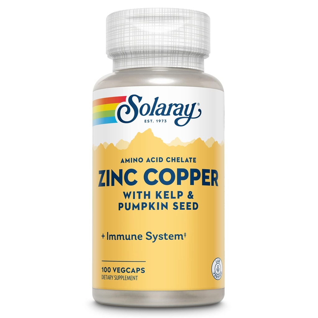 SOLAרי Zinc Copper Amino Acid Chelate - Immune Support Supplement w/Chelated Zinc 50mg - Bone, Skin, Heart Health and Thyroid Support - with Iodine from Kelp, 60-Day Promise, 100 הגשה, 100 VegCaps
