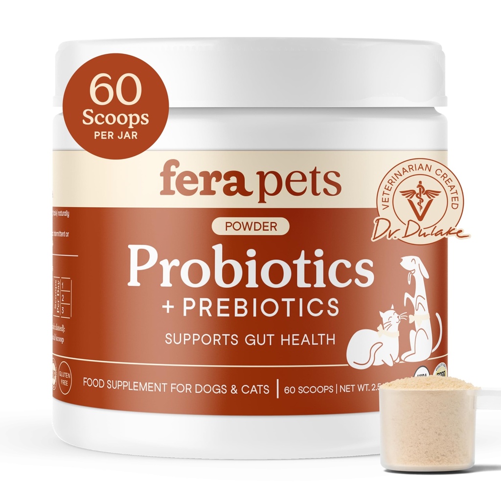 Fera Pets Probiotics for Dogs & Cats with Prebiotics - USDA Organic - Gut Health Powder Supplement with 12 Strains and 5 Billion CFUs - Supports Immunity, Energy and Skin & Coat - 60 Scoops