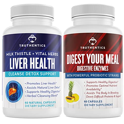 TRUTHICS Liver Health and Digestive Enzymes Bundle - תמיכה ב- Liver Cleanse Detox, Digestion, Acent Absorption, Occasional Gas and Bloating - Gluten Free, non-GMO