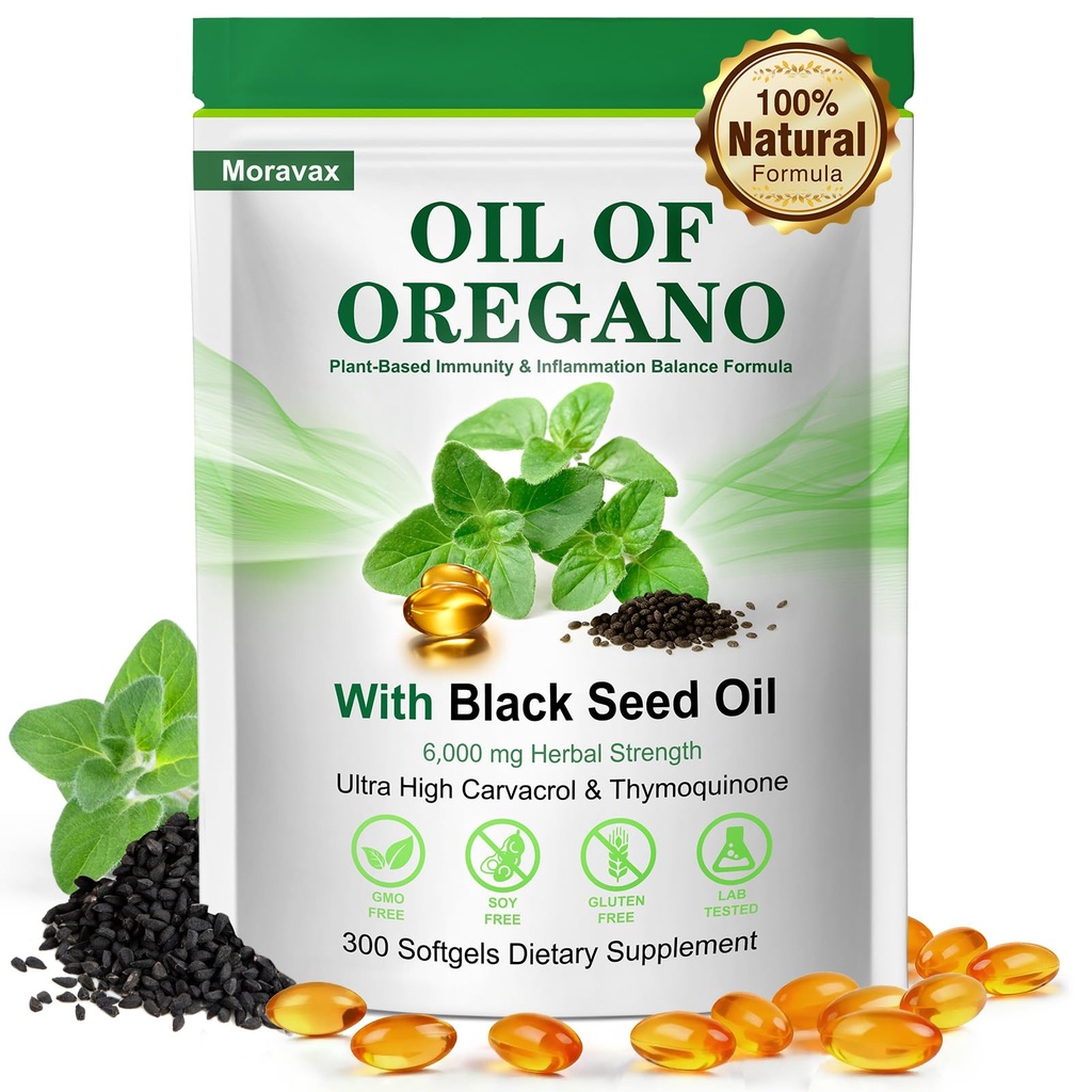 Oil of Oregano Softgels with Black Seed Oil 300 Softgels, 6000mg High Potency Oregano Oil Capsules with Organic Carvacrol & Thymoquinone, Immune & Digestive Support, Non-GMO, Gluten Free
