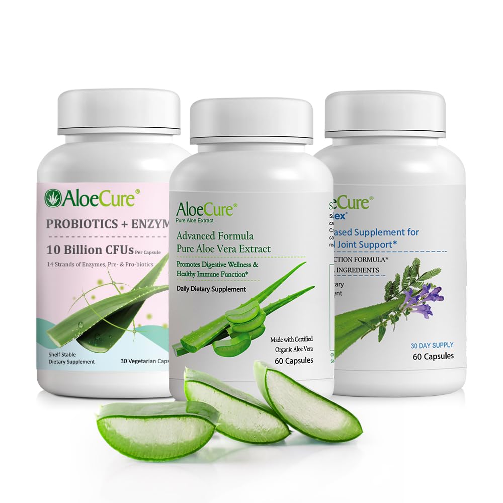 AloeCure אורגני Aloe Vera כמוסות Pack - 3 Pieces - VeraFlex, Aloe Vera כמוסות, Probiotics + Enzymes