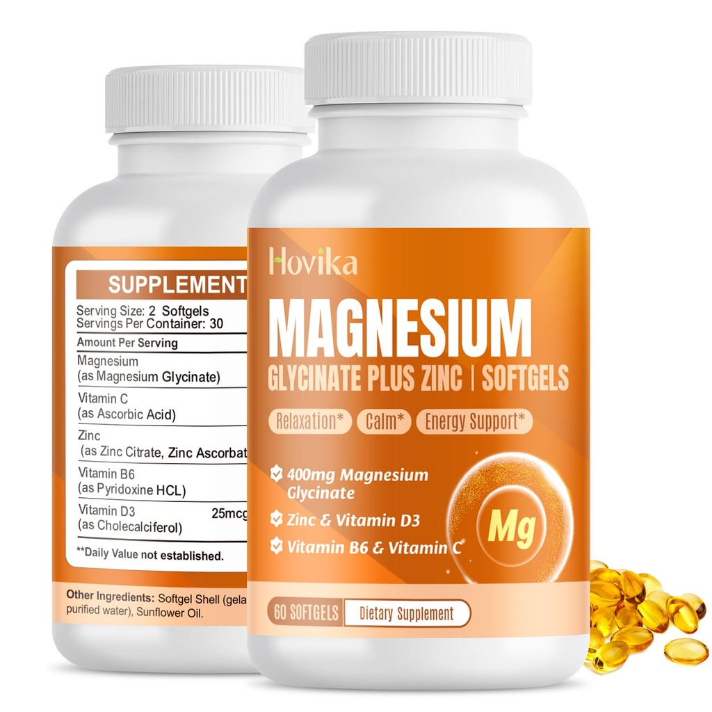 Magnesium Glycinate Supplement Softgels, Magnesium Glycinate 400mg with Zinc, Vitamin B6, C, D3, Pure Magnesium for Sleep, Calm, Muscle, Energy, Heart Support - 60 Vegan Capsules for Women & Men