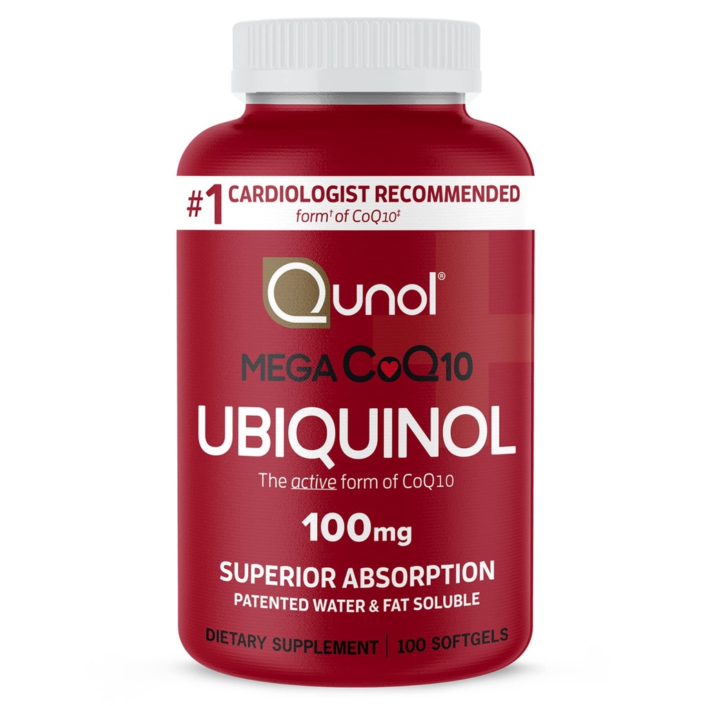Qunol Mega Ubiquinol 100mg CoQ10, העליון Absorption, מים פטנט ושומן Soluble טבעי תוספת של Coenzyme Q10, Antioxidant לבריאות הלב, 100 Softgels.