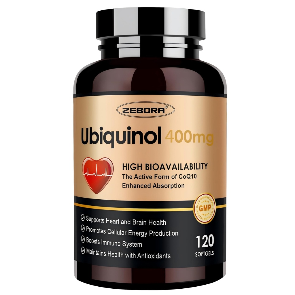 ZEBORA Ubiquinol CoQ10 400mg Softgels with Vitamin C & Vitamin E & Selenium, Max-Absorption, 4-in-1 Powerful Antioxidant, Supports Heart Health & Energy-Production,120 Softgels