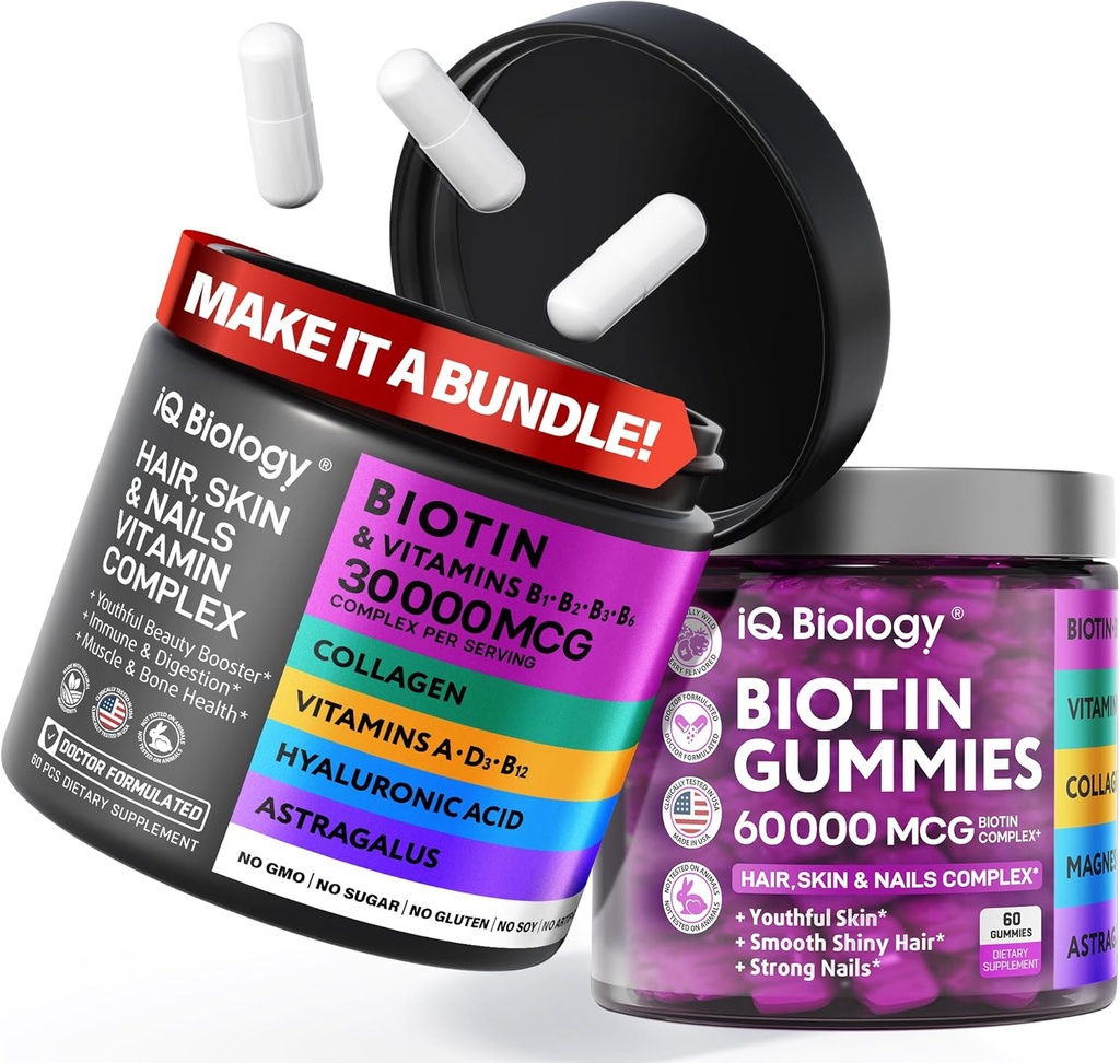 Biotin Hair Growth Bundle - ביוטין ויטמינים & Keratin קפסולות + חניכיים שיער עם Collagen & Astragalus - שיער העור נותן ויטמינים לנשים וגברים | 60 Caps + 60mies + 60