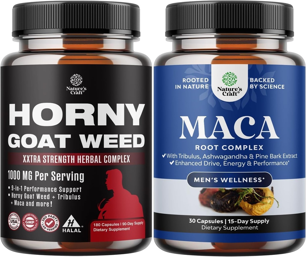 Bundle of Hory Goat Weed with Black Maca Root, Tongkat Ali, Saw Palmetto & Panax Geneseng Extract for Stamina & Energy and Black Maca Root with סיביר ג'ינסנג אשוגנדה - תוספת של בריאות גברים