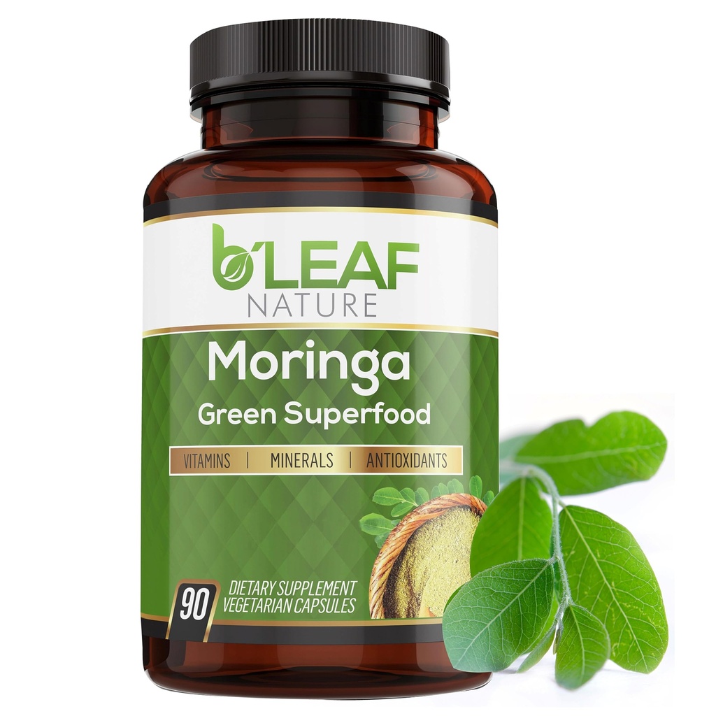 B'LEAF NATURE Organic Moringa קפסולות 1000 מ"ג, 90 Count - מורסה קפסולות עם אבקת Olefeira אורגנית לתמיכה בחיסון, אנרגיה ומאזן - טבעונית, non-GMO עבור תוספי בריאות יומית