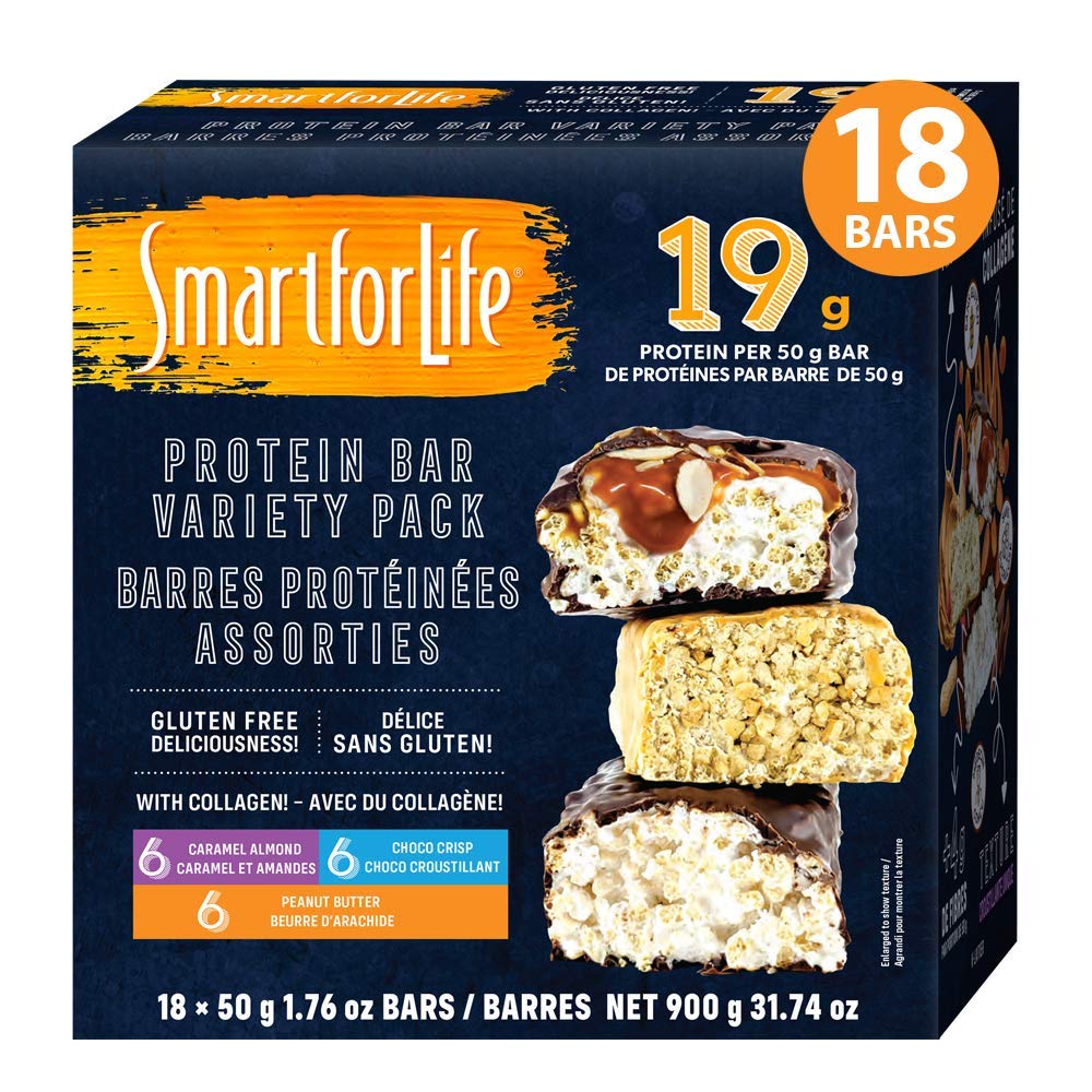 חכם לחיים - חלבון גבוה, Low Sugar Bar Variety Pack, Gluten Free Carmel Almond, שוקולד & Peanut Butter שוקולד Crunchy Meal החלפת Bars עם קובצי Cookie Diet non-GMO 18ct